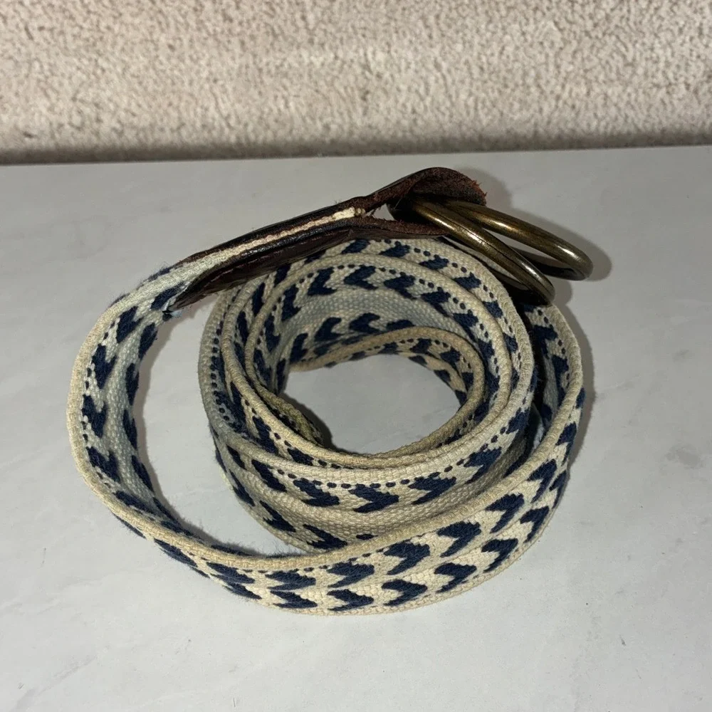 J.Crew Cream Navy D-Ring Belt - L/XL - Leather Trim Chevron Canvas Preppy Boho